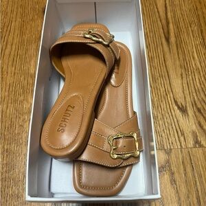 SCHUTZ Brown Slide Sandals with Gold Accent